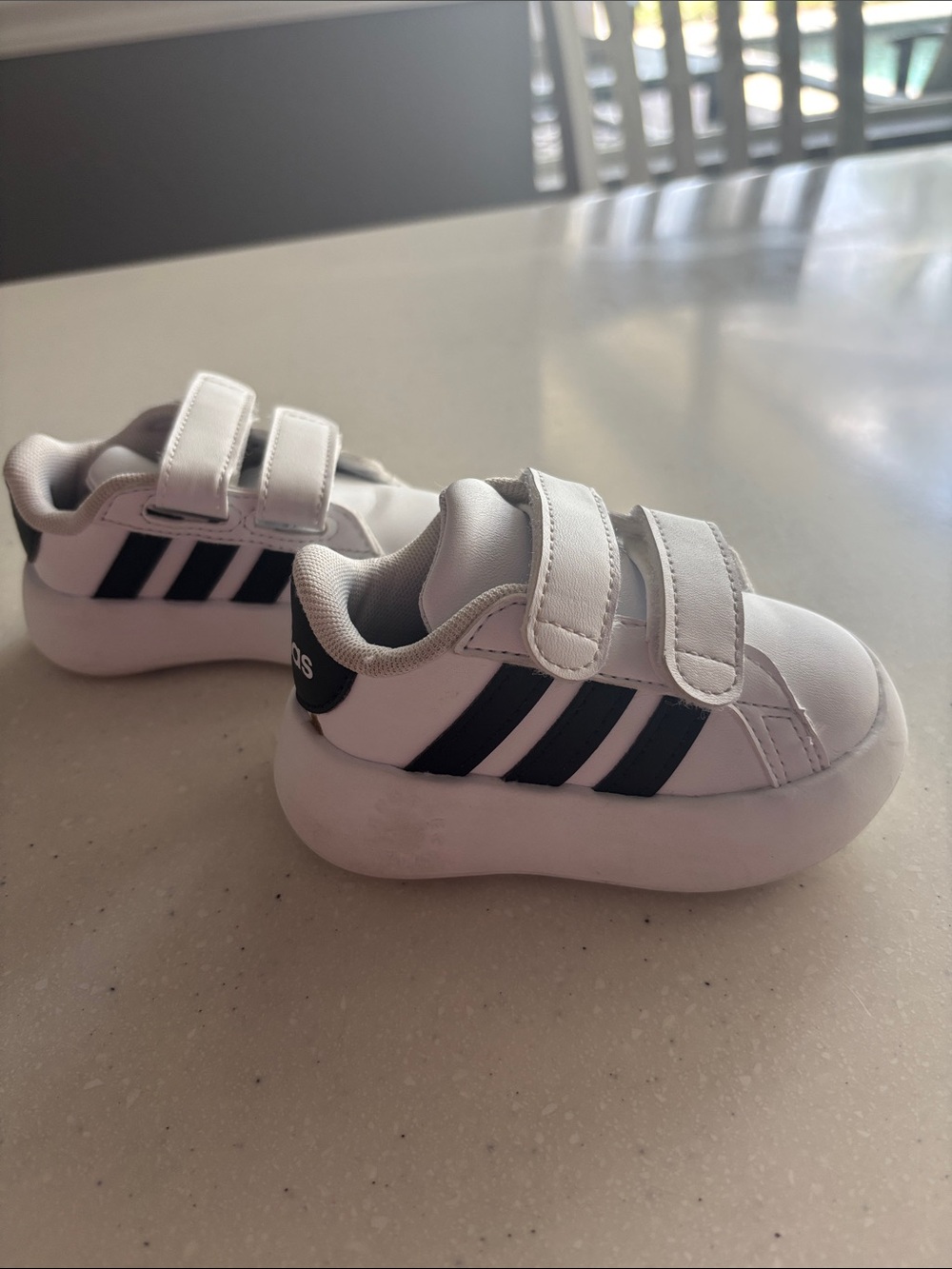 Adidas Toddler White Sneakers with Black Stripes - Velcro Closure